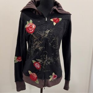 One Girl Who Black and Brown Cardigan with Red Floral Accents